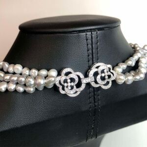 1408 Elegant silver gray baroque pearl 3 strand cz floral clasp necklace 17" lon